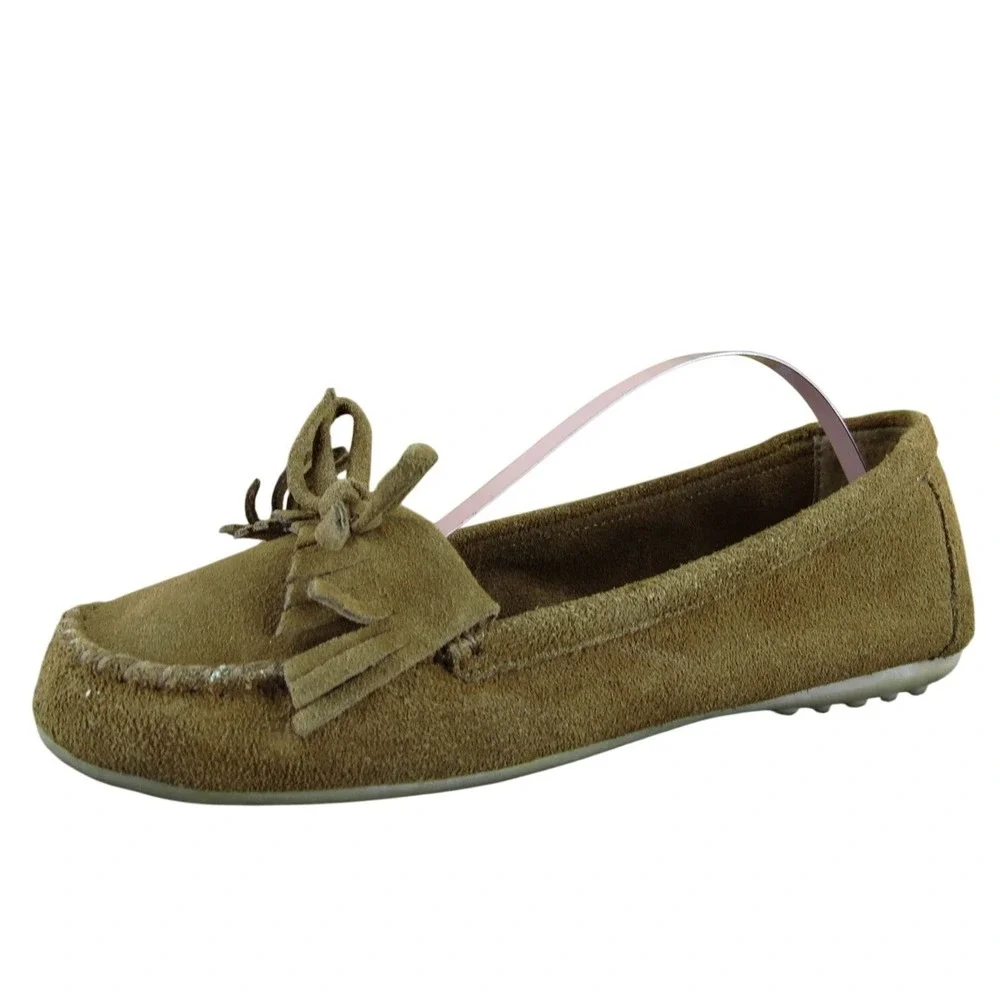 Minnetonka‎ Moccasin Girl Y 7 Medium Flat Brown Leather Slip On